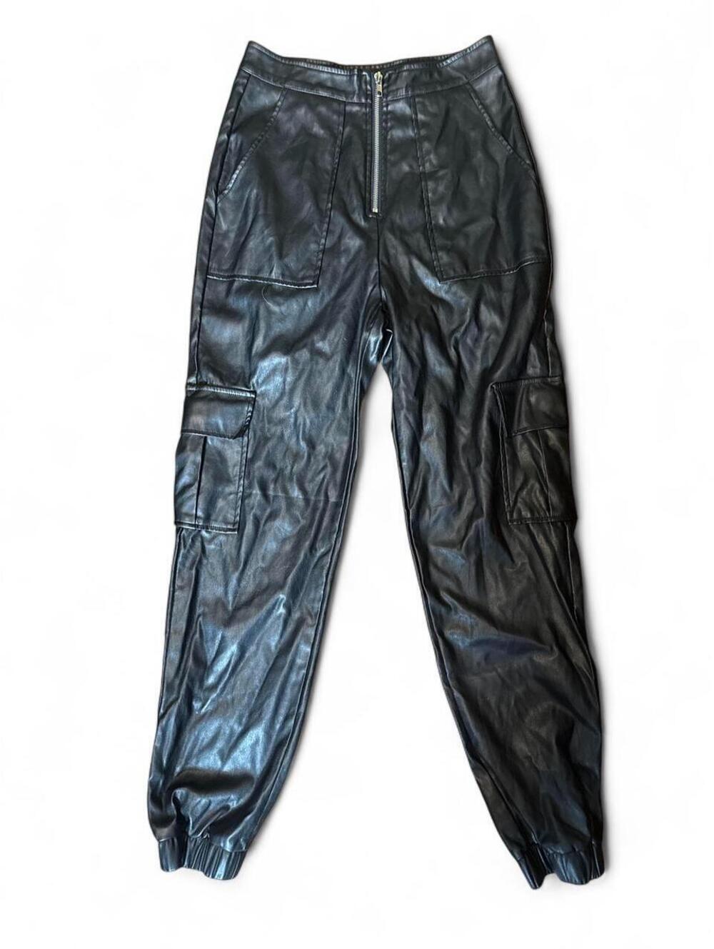 Blue Blush Black Faux Leather Cargo Jogger Pants Women’s M High Rise Y2K